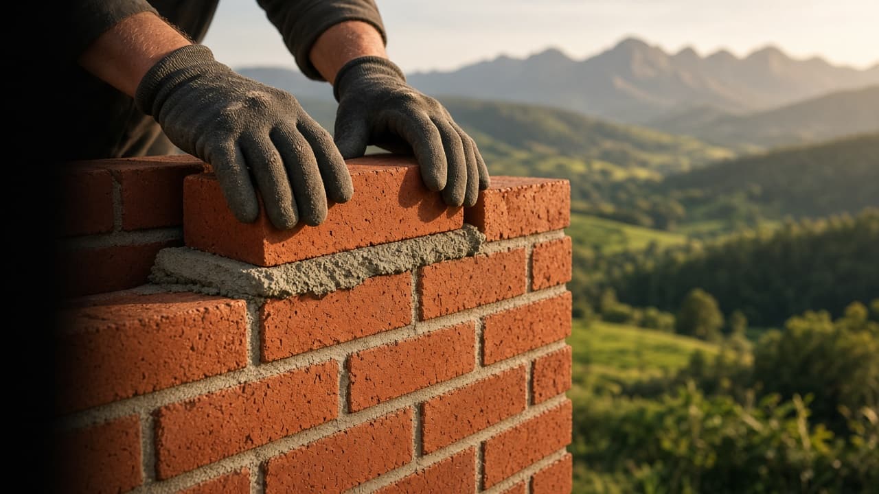 Bricklayer laying brick with Fraser Valley mountains in background, Langley BC