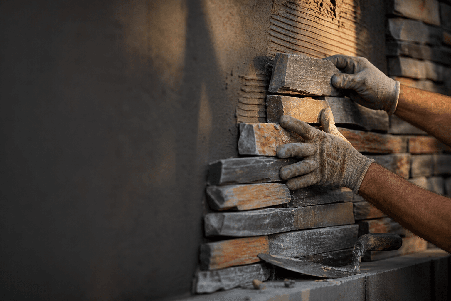 Gloved hands setting natural stone veneer on a wall in Langley, BC